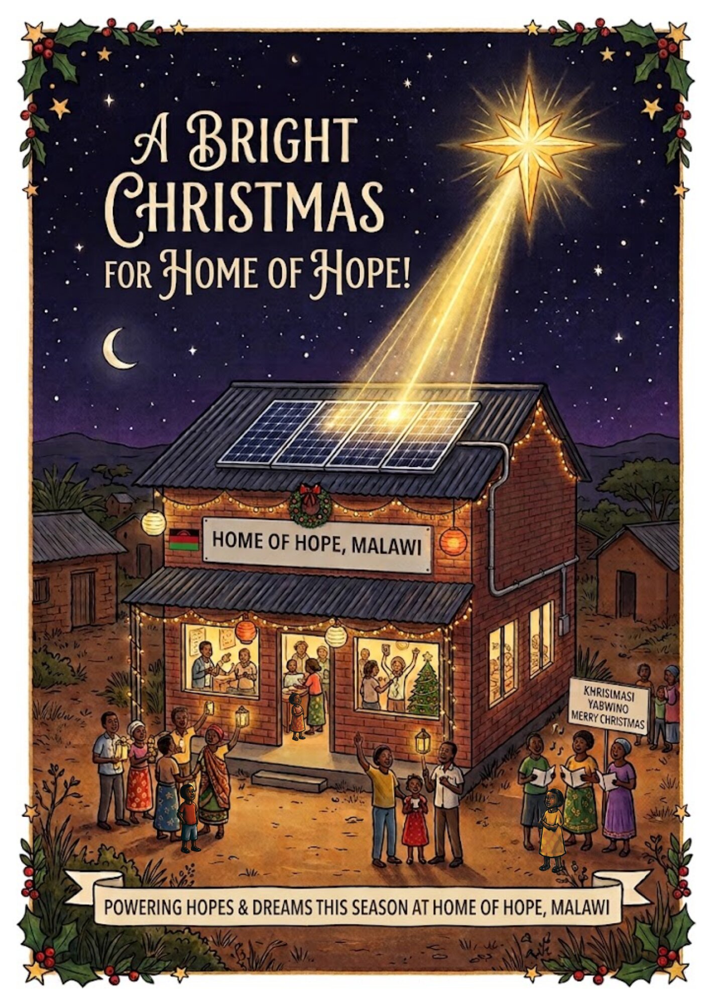 A Bright Christmas for Home of Hope! An illustrated Home of Hope building in Malawi at night, lit by a shining Christmas star and solar panels.